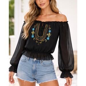 Gemstone Black Sheer Boho Sz M Peasant Embroidered Floral Off Shoulder Top